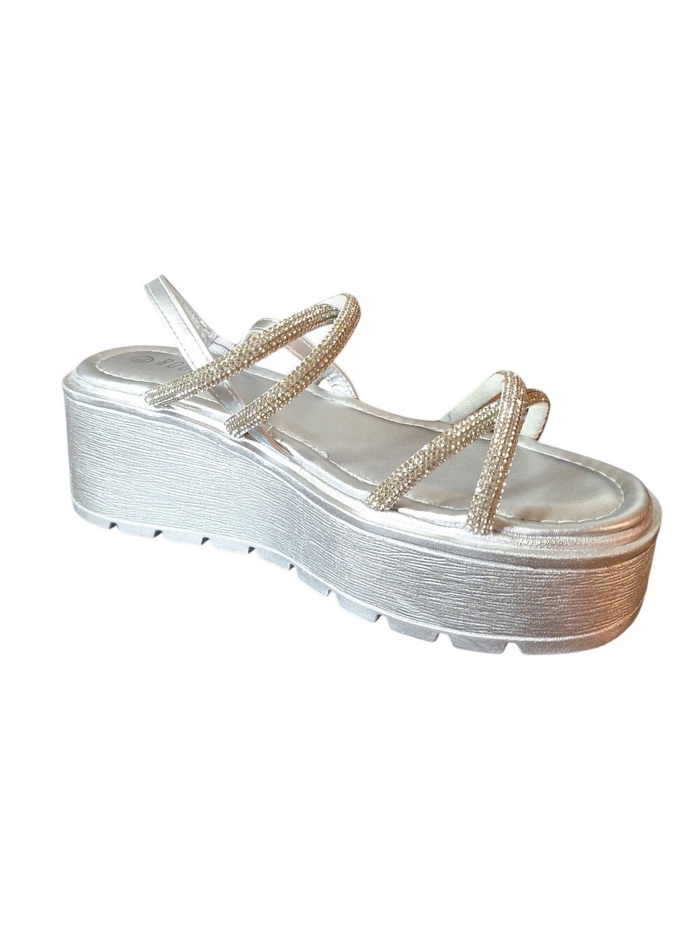 NIB Rouge Silver Rhinestone Strappy Platform Wedge Sandals